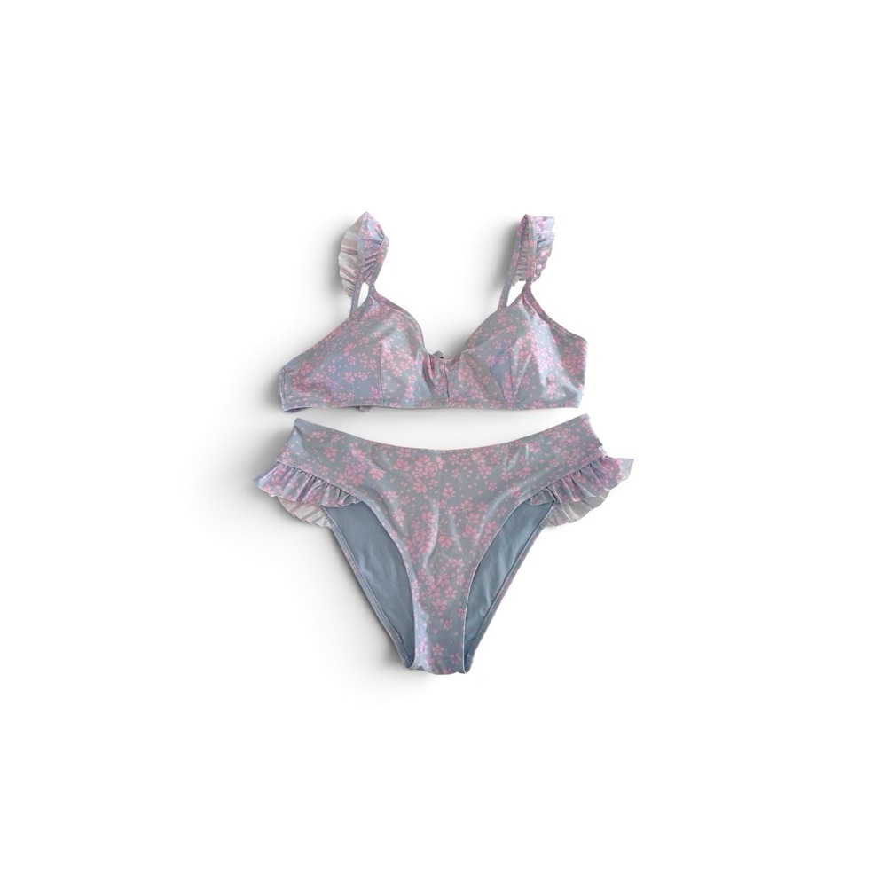 HM Pink Floral Ruffle Bikini Set Blue High Waist Two Piece Swimsuit Womens 16